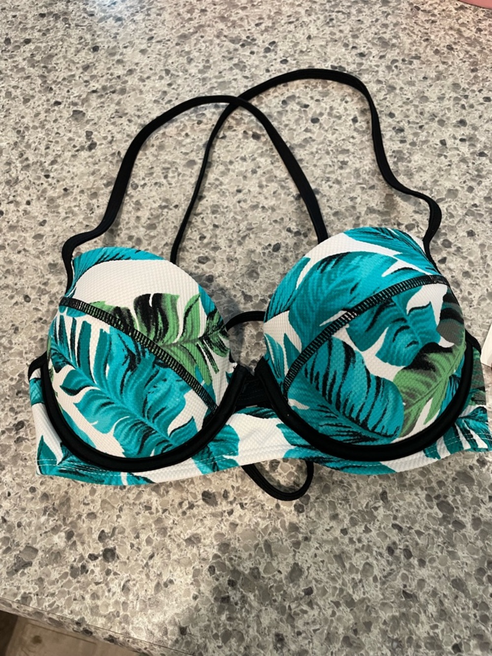 Hula Honey tropical island print textured push up swim top aqua blue green M